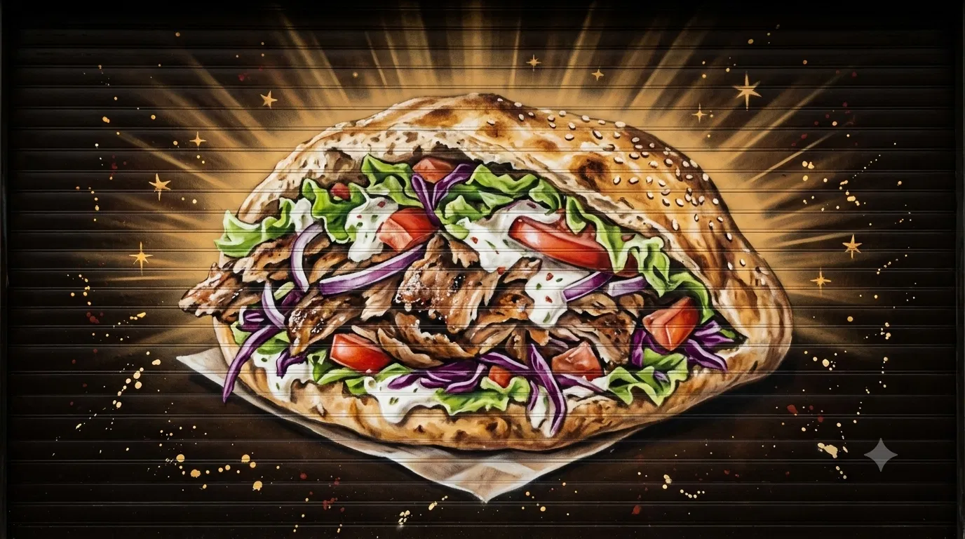 Illustration: Döner im Sesam-Fladenbrot im Euphrat-Street-Art-Stil