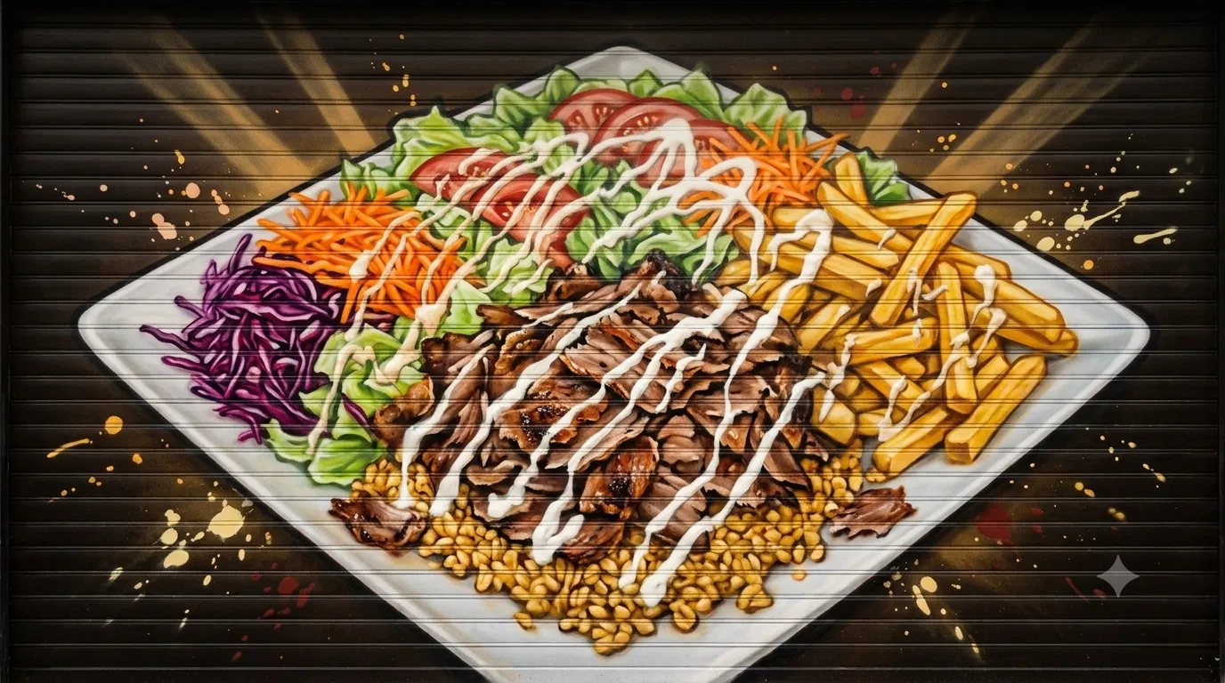Illustration: Döner-Teller mit Pommes im Euphrat-Street-Art-Stil