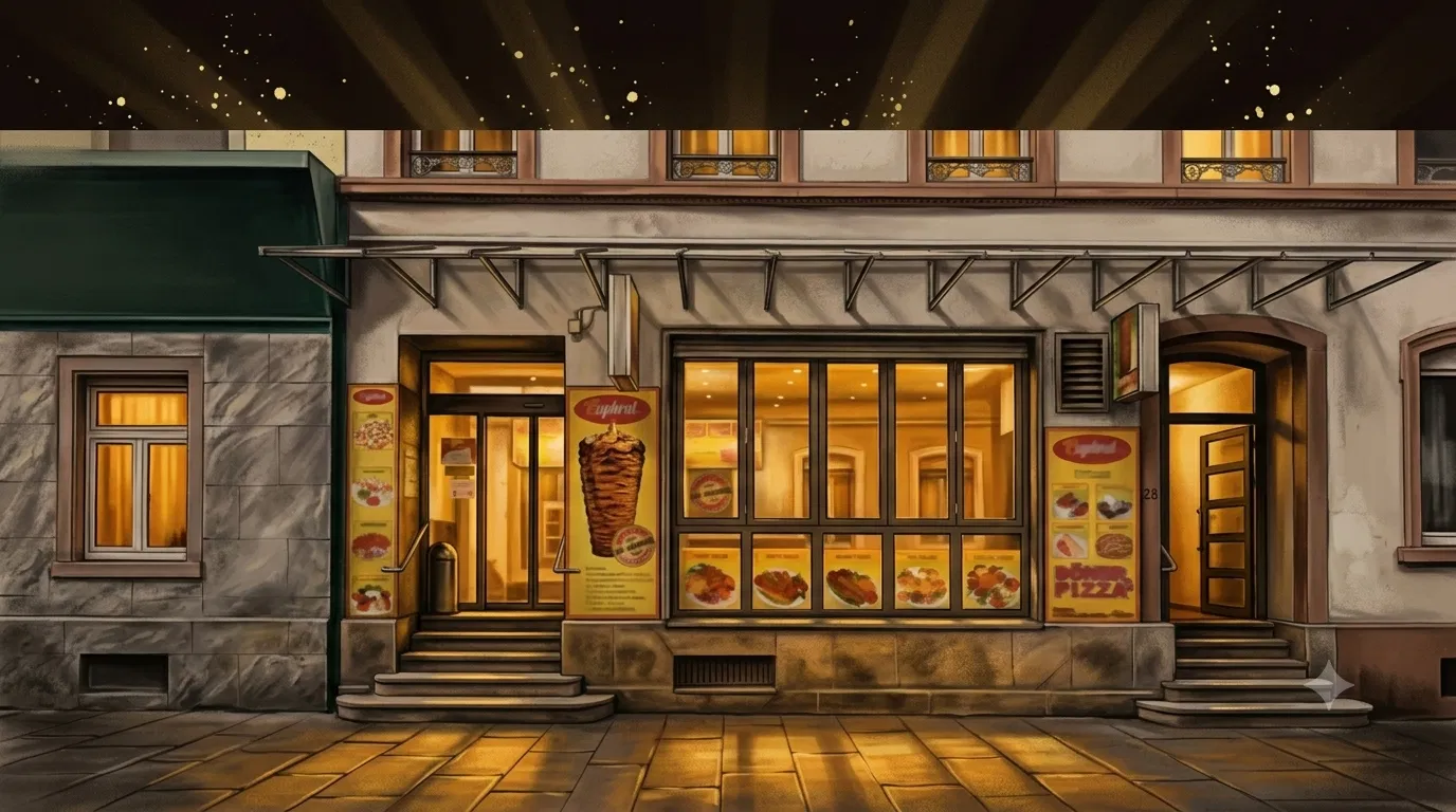 Illustration: Ladenfassade in der Hirschstraße im Euphrat-Street-Art-Stil