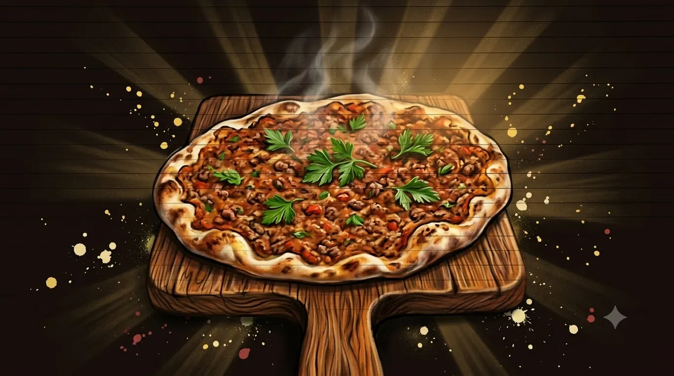 Illustration: Lahmacun auf dem Holzbrett im Euphrat-Street-Art-Stil