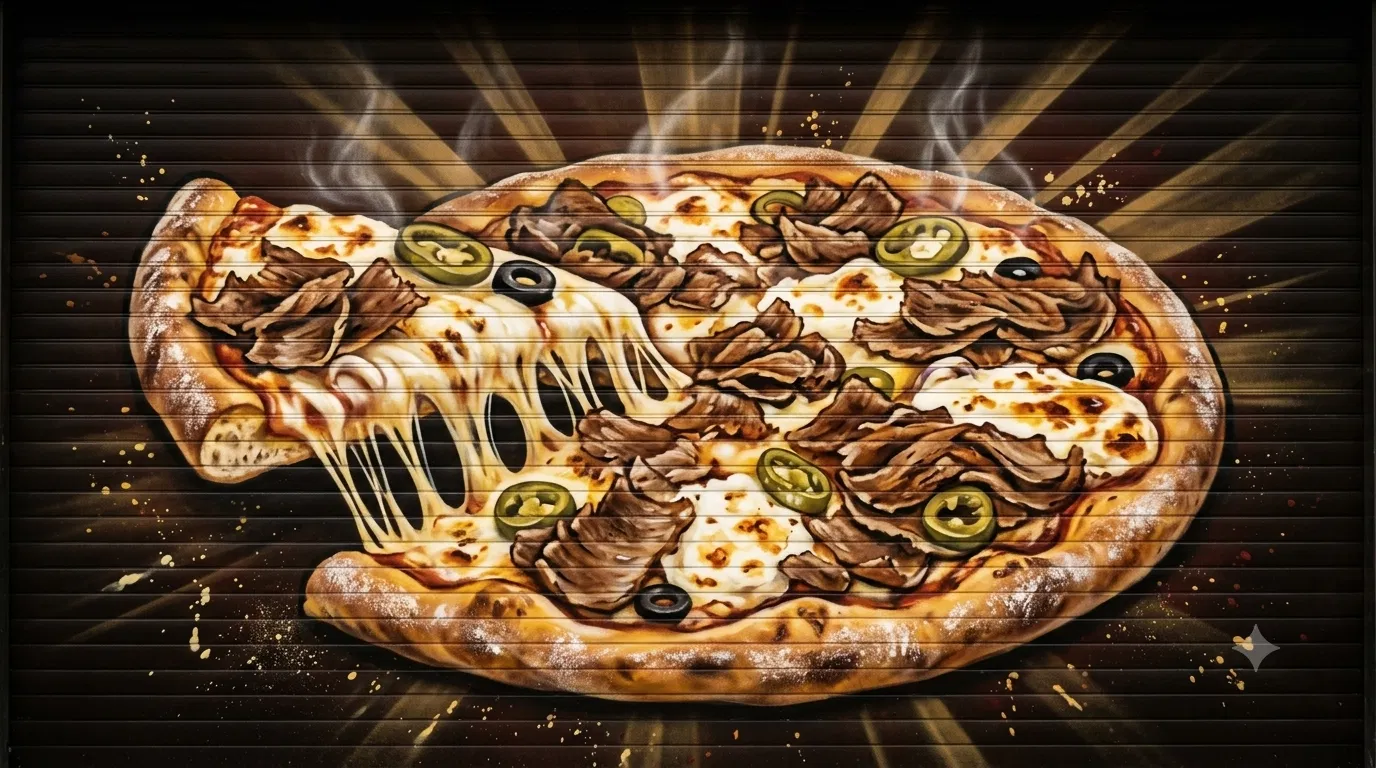 Illustration: Pizza Euphrat mit Käsefäden im Euphrat-Street-Art-Stil